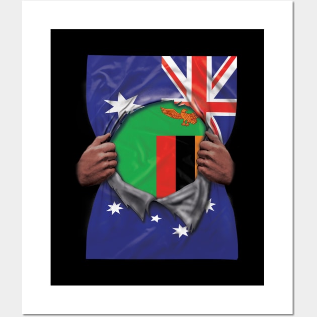 Zambia Flag Australian Flag Ripped - Gift for Zambian From Zambia Wall Art by Country Flags